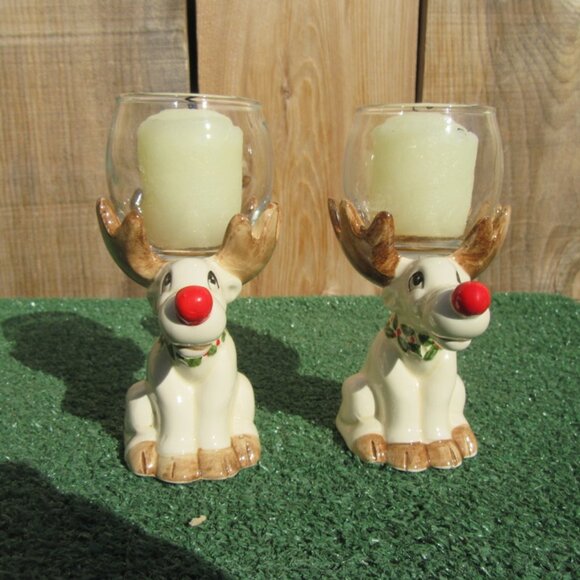 Set of 2 Vintage Fitz And Floyd Rudolph w/ Votive Candle Christmas Sets JAPAN - Picture 3 of 8